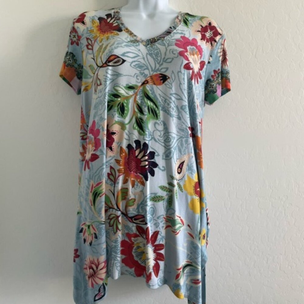 Johnny Was Rainbow Floral V-neck Drape Tunic Top Small